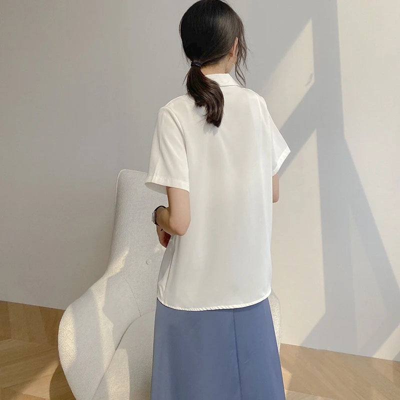 Women Summer Chiffon Blouse Elegant Short Sleeve V Neck Loose Shirt Casual Solid Korean Chic Simple Tops Female Tunic Blusas - Matrix-studios.com