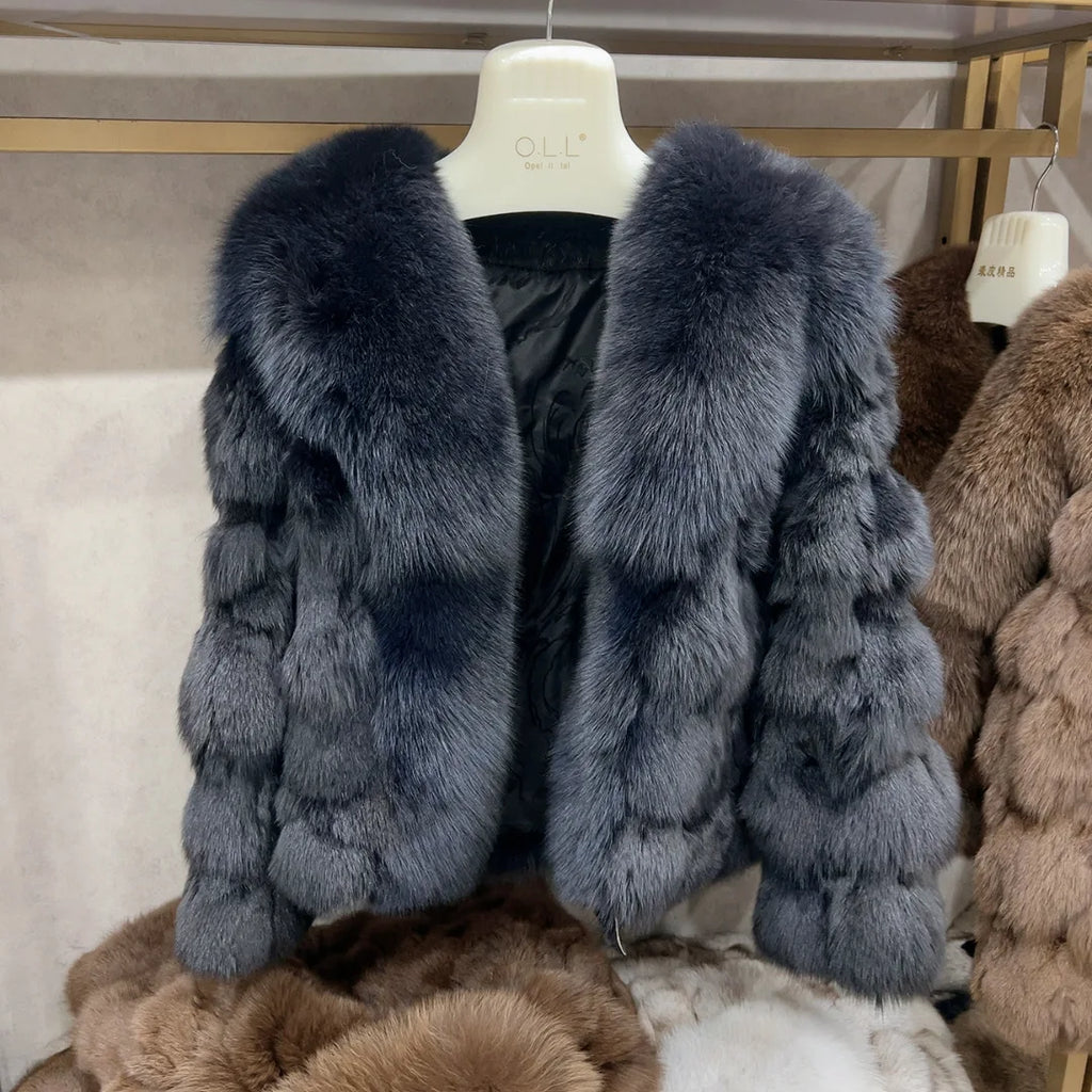 HUA QIU MEI SI Women's Natural Fox Fur Jacket with Fox Collar for Winter Warmth, Short Style Real Fox Fur Leather Jacket - Matrix Studios