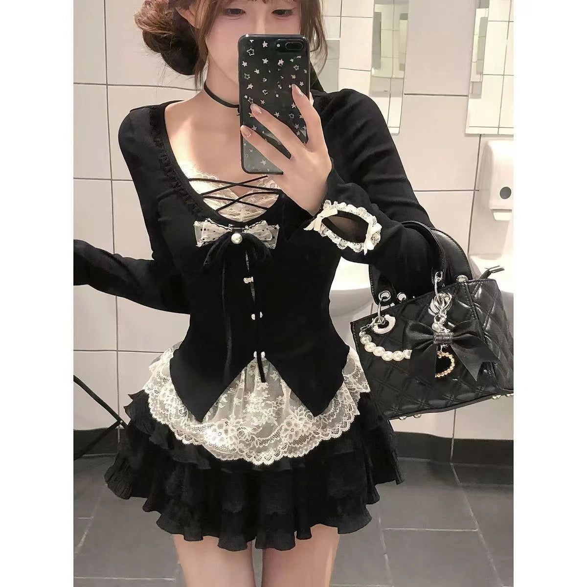 Sweet Lolita Vintage Suits Women Ruffles Cardigan + Sexy Y2k Corset Vest + Mini Skirts Autumn Korean Elegant 3 Piece Dress Sets - Matrix-studios.com