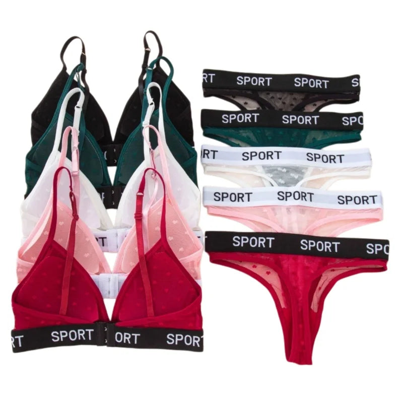 Women Lace Bra And Panties Set Sheer Polka Dot Lingerie Non-wire Bralette Sexy Low Rise Thongs Letter Band Mesh Underwear Set - Matrix-studios.com