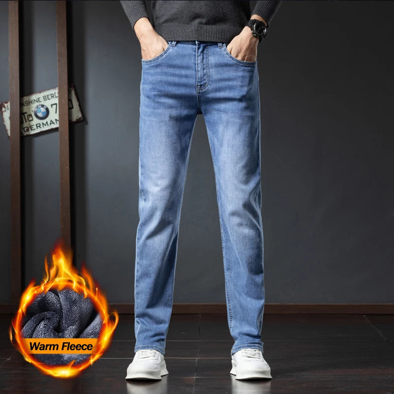 2025 Winter Fleece Jeans Men's Fashion Elastic Slim Straight Warm Trousers Thicken Business Casual Korean Thermal Denim Pants - Matrix Studios