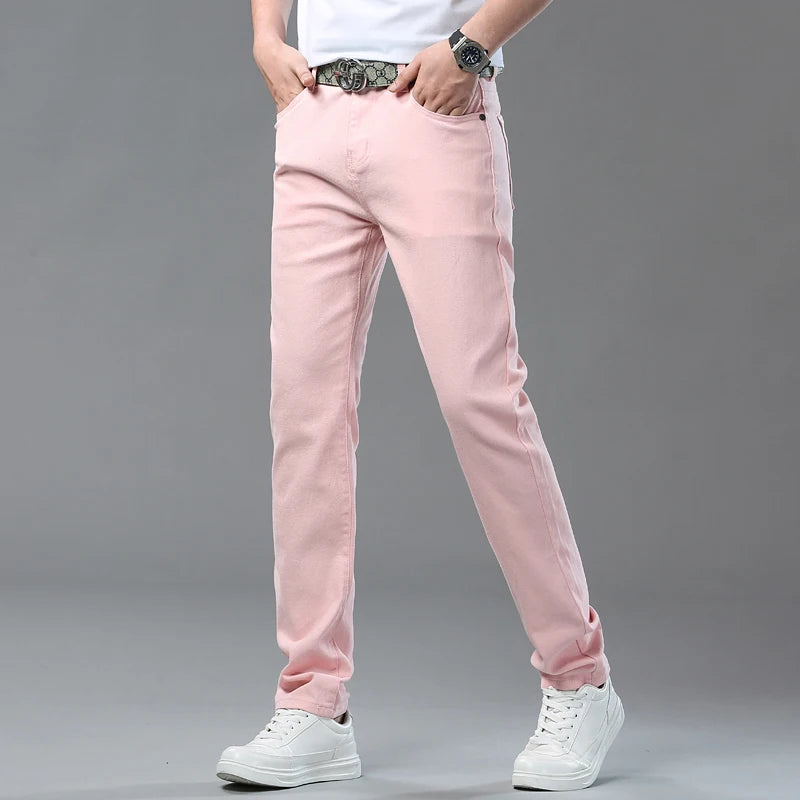 2025 Autumn Men's Elastic Colorful Jeans Breathable Casual  Straight Fitted Solid Color Denim Pants Korean Fashion Trousers - Matrix Studios