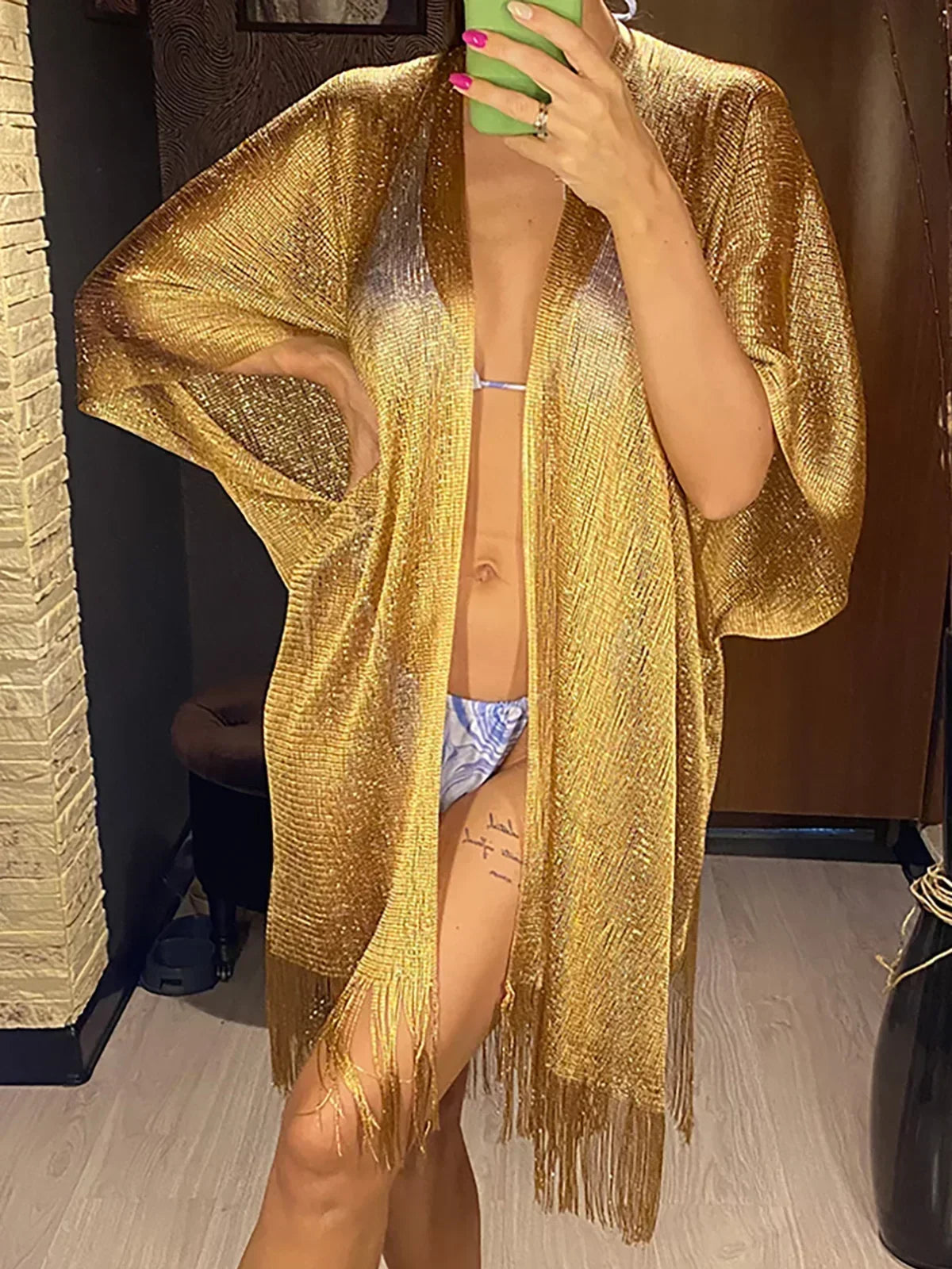 Gold Crochet Cover Up Women Sun Protective Beach Shirt Sheer Mesh Tunic with Shiny Tassel Trim Resort Wear Swimwear Cover Ups - Matrix Studios
