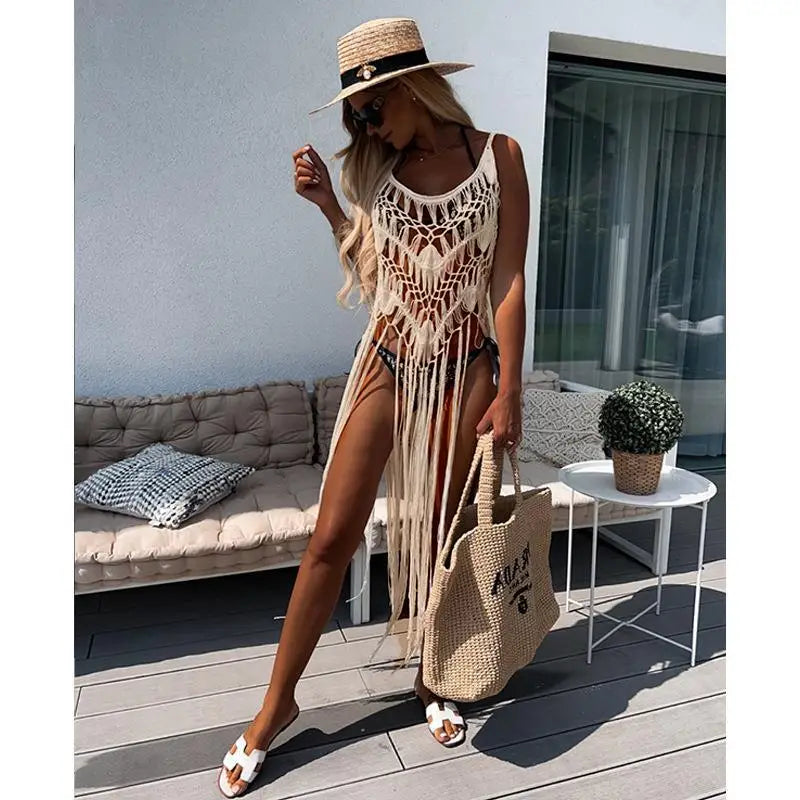 Beach Cover Ups for Swimwear Women Sexy Hand Hook Hollow Out Sunscreen Shirt with Long Tassel Beach Cover - Matrix Studios