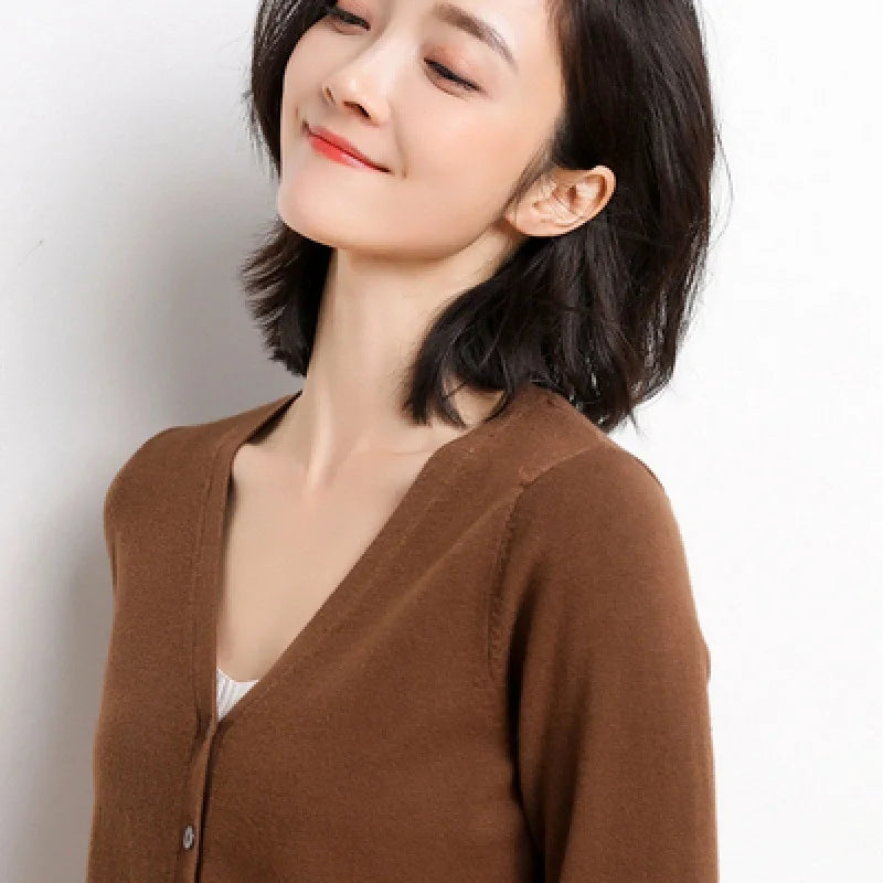 Cardigans Women 2025 Autumn Single Breasted V-neck Knitted Sweater Fashion Short Knitwear Solid Blue Green Pink Women's Jumpers - Matrix Studios