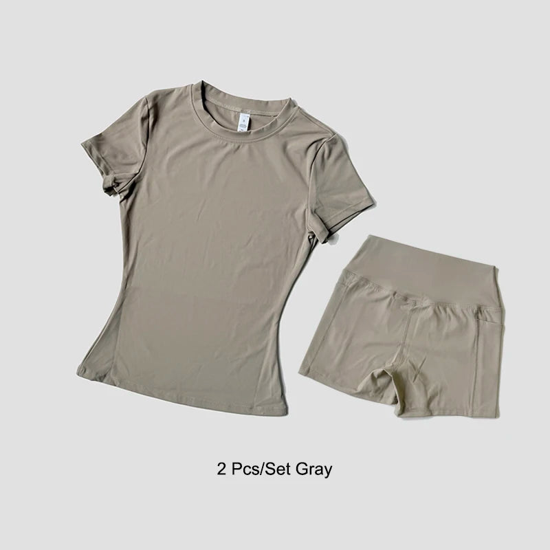 Sports Sets Fitness Hip-lifting Tight Top Short Sleeve Running Workout Gym Shorts Tracksuits For Women Breathable Sports Suits - Matrix-studios.com