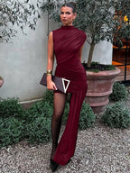 Mozision Irregular Draped Ruched Sexy Mini Dress For Women Elegant Turtleneck Sleeveless High Waist Pleated Club Party Dress - Matrix-studios.com