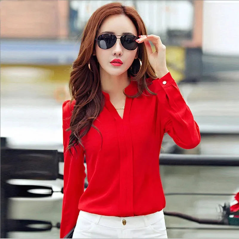 Long Sleeve Shirt Women Autumn Clothing Fashion Slim Blouse V Neck Korean Elegant Ladies Office Shirts White Red - Matrix-studios.com