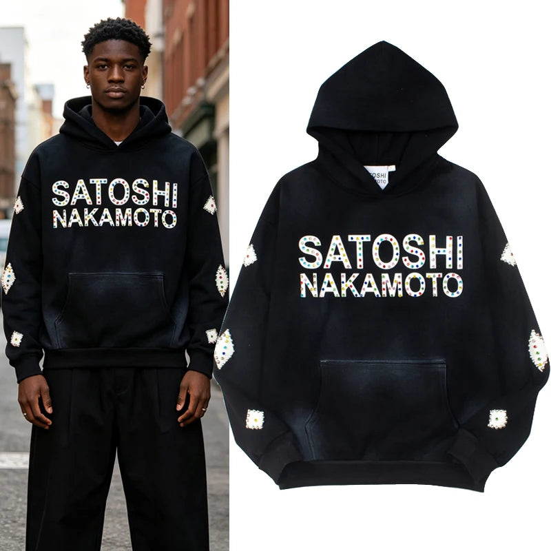 SATOSHI Hoodies Pullover 26ss Vintage Embroidery Leather Pattern Glittering Diamond Print Men's Hooded Hip Hop Style Sweatshirts - Matrix-studios.com