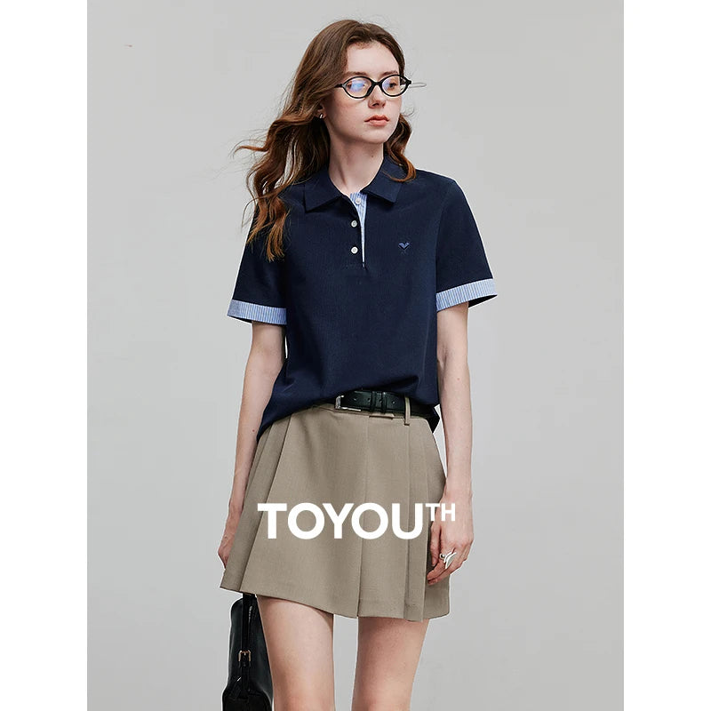 TOYOUTH Women Polo Shirt 2026 Summer New Color Block Striped Rolled Cuff Pique Fabric Vintage Casual Soft Breathable Tops - Matrix-studios.com