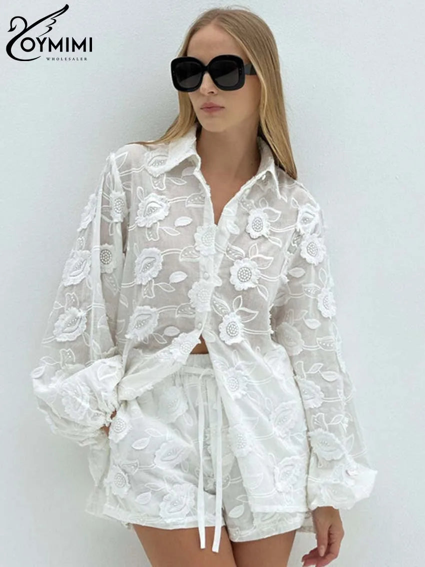 Oymimi Summer White Cotton 2 Piece Sets Women Outfit Casual Jacquard Button Wrist Sleeve Shirts And High Waist Shorts Female Set - Matrix-studios.com