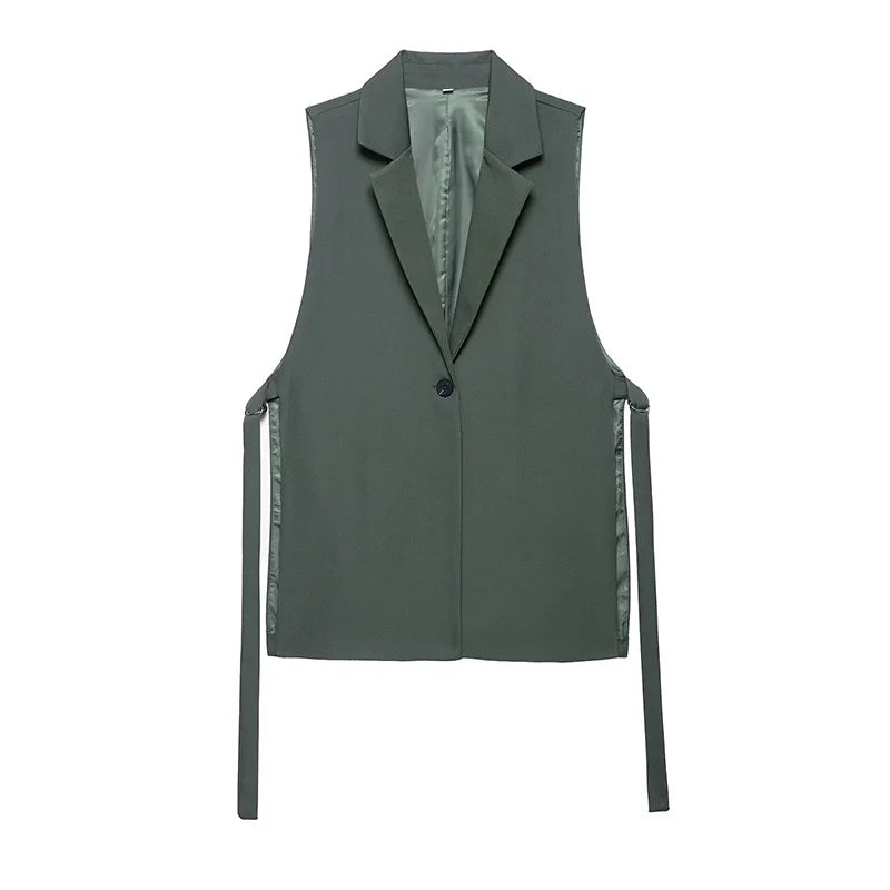 Willshela Women Fashion Solid Lace Up Vest V-Neck Single Button Sleeveless Jackets Female Chic Lady Outfit Tank Tops - Matrix Studios