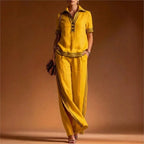 Women 2 Piece Linen Set Lapel Collar Half Button Short Sleeve High Waist Split Elegant Casual Loose Summer Wide Leg Long Pants - Matrix-studios.com