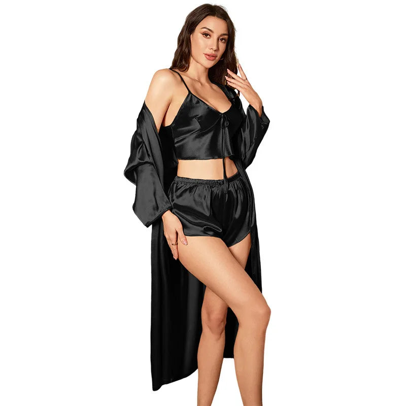 3PCS Sexy Women Pajamas Ladies Nightgowns Satin Robes Nightdress Sling and Short Women Robe - Matrix-studios.com