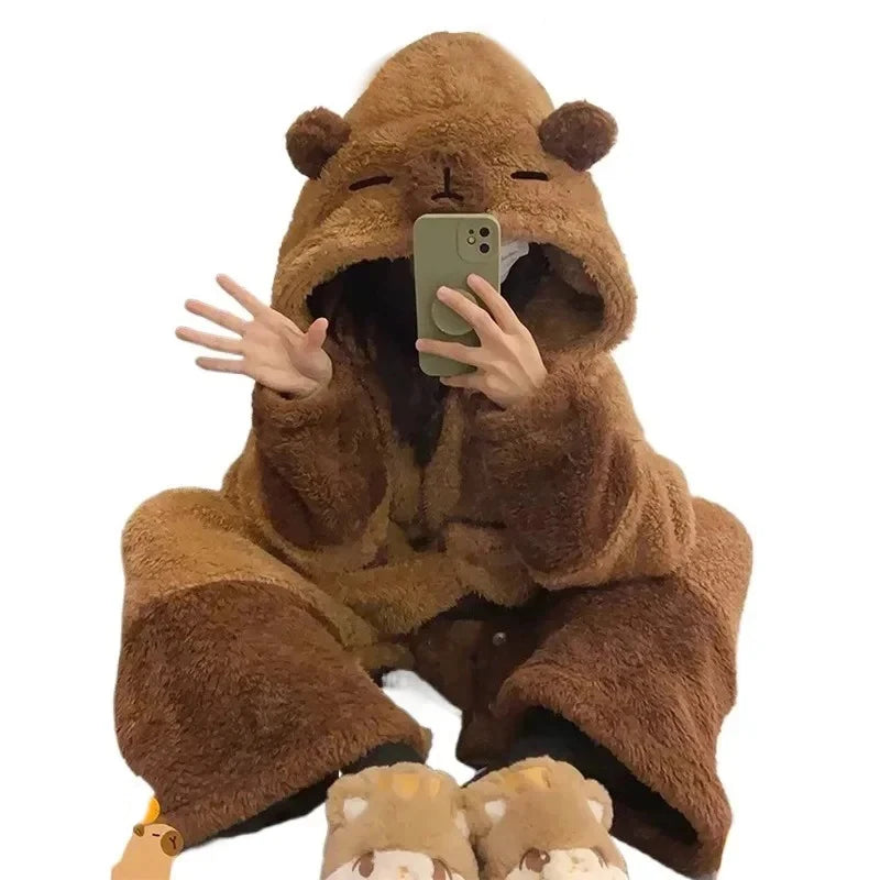 Bathrobe Woman Showerpadded Warm Plus Size Cartoon Bear Pajamas Coffee Color Dressing Gown Coral Velvet One-Piece Pajamas - Matrix-studios.com