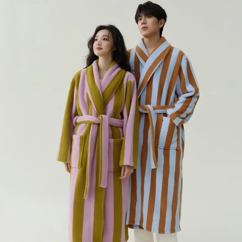 2025 New Autumn/Winter Women's Sleepwear Thick Velvet Warm Robe Couple Coral Velvet Striped Lengthed Home Clothes Bathrobe - Matrix-studios.com