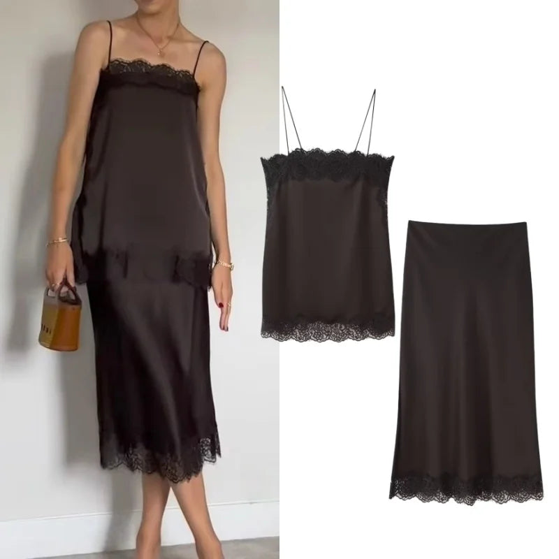 Tidalyf 2025 Women Two Piece Skirt Set Off Shoulder Lace Trim Cami Top with Split Hem Midi Skirt Sexy Elegant Outfit - Matrix-studios.com