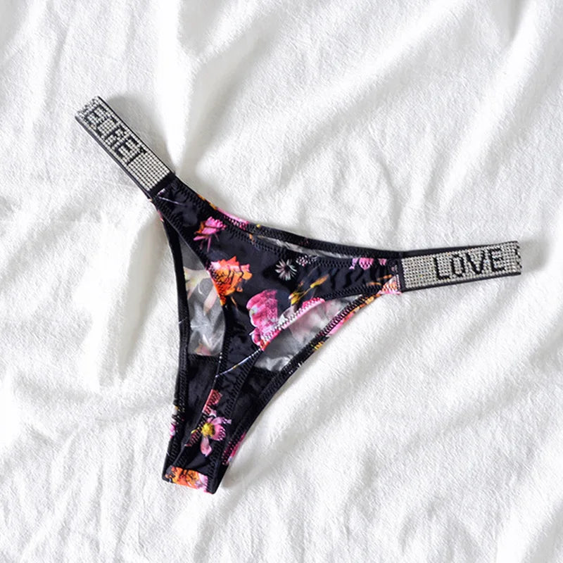 Low Waist Sexy Women Thongs Panties Rhinestones letter Diamonds G String Sports Thong Shorts Briefs T-back Fitness Size S-XL - Matrix Studios