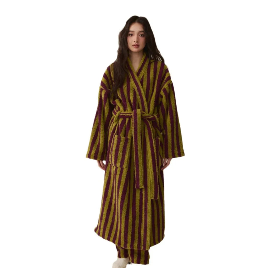 Thickened Flannel Robe Pants Pajamas Set Autumn Winter New Couple Coral Velvet Women Men Bathrobe Striped Lengthed Home Clothes - Matrix-studios.com