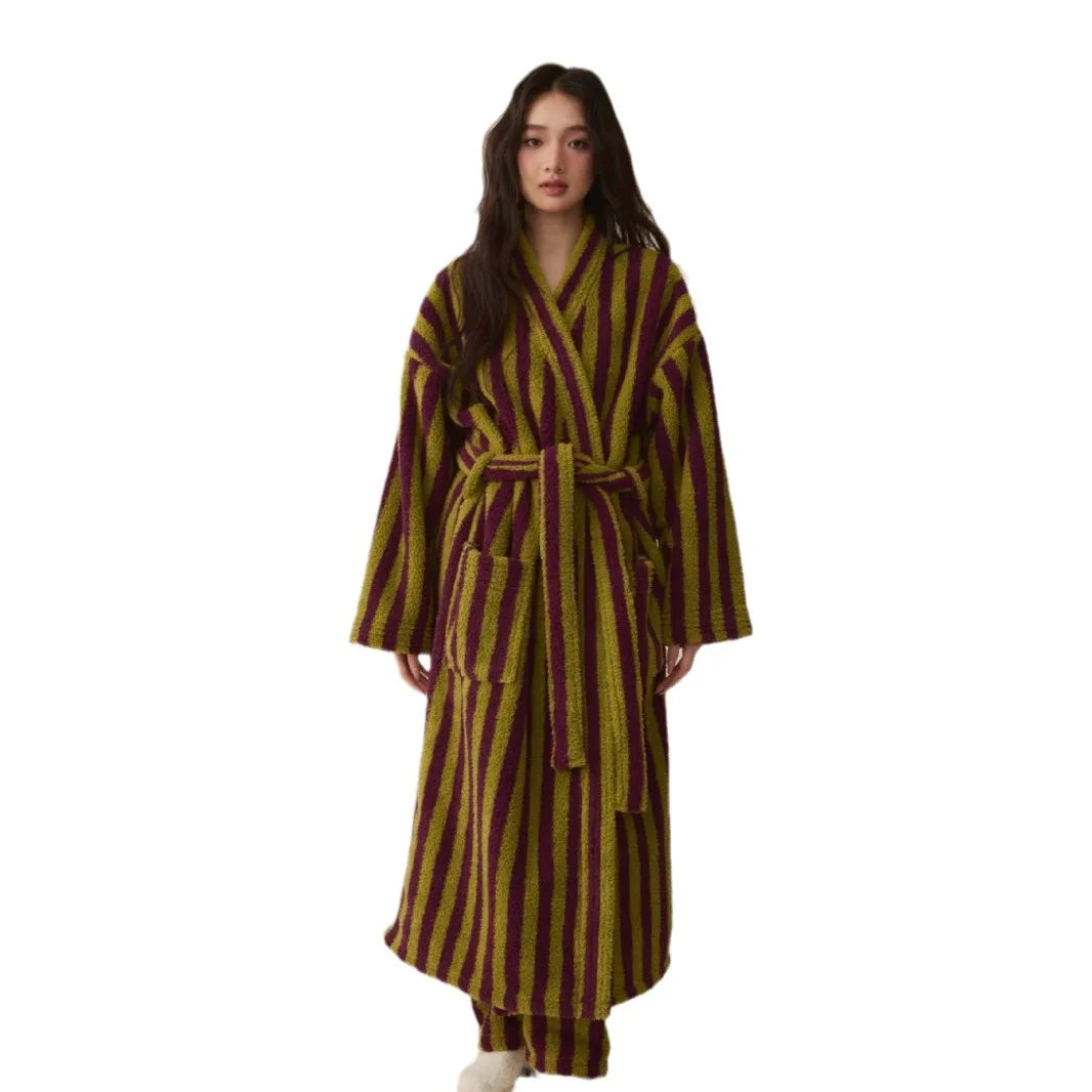 Thickened Flannel Robe Pants Pajamas Set Autumn Winter New Couple Coral Velvet Women Men Bathrobe Striped Lengthed Home Clothes - Matrix-studios.com