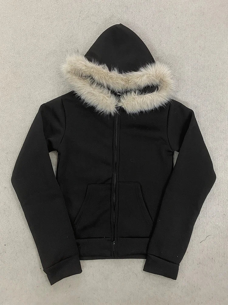 Y2K Harajuku Gothic Women's Hoodie Sexy Slim Chic Suede Fur Collar Letter Print Cardigan Sweatshirt  Female Streetwear - Matrix Studios
