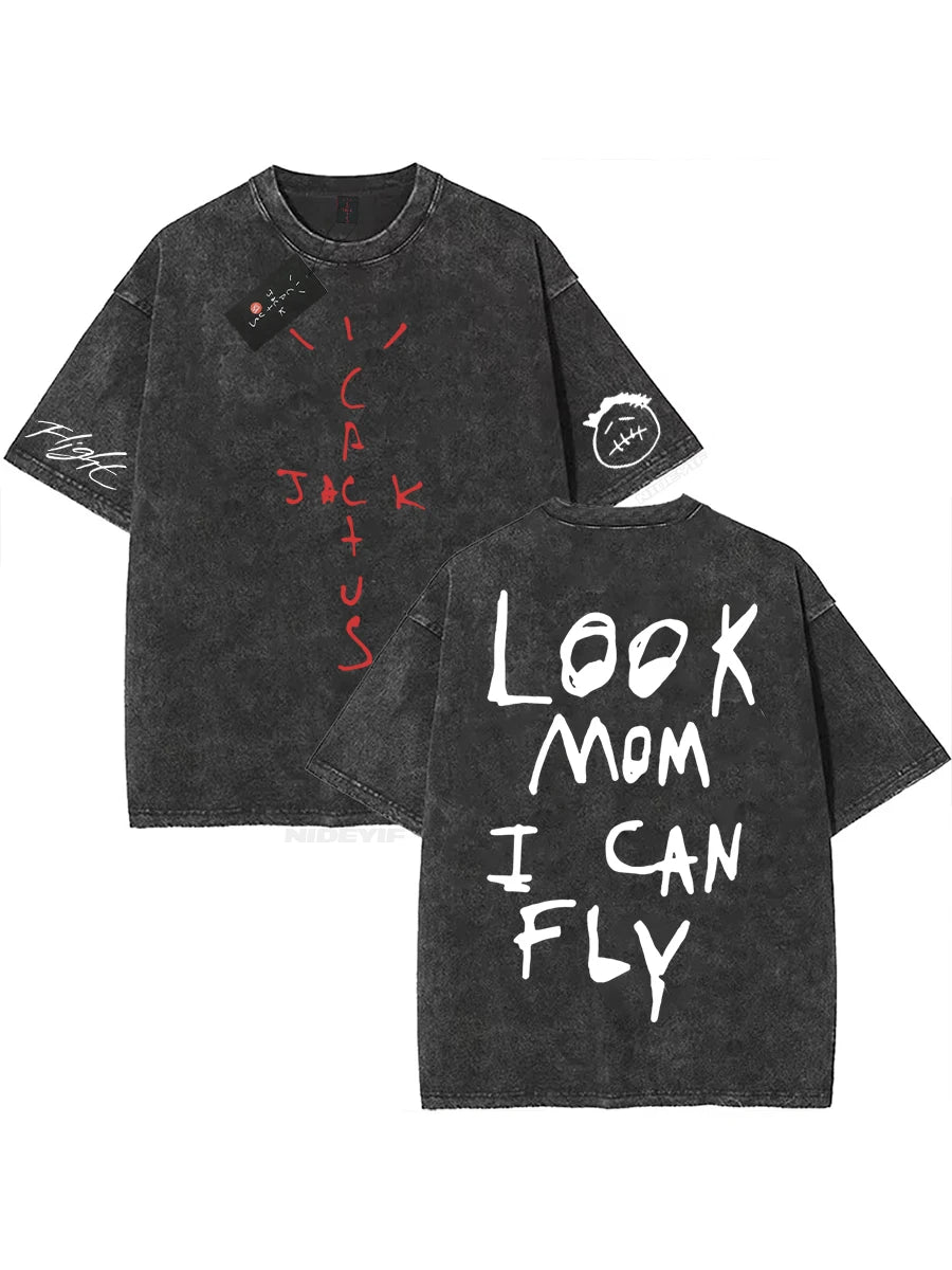 100% Cotton Oversized T Shirt For Men Women HipHop Washed T Shirts cactus jack Short Sleeve Gift Tops look mom i can fly K39