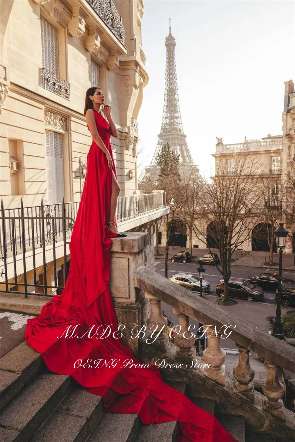 OEING Red A-Line Prom Dress Elegant V Neck Celebrity Evening Dresses Wedding Party Gown Long Train Vestidos De Fiesta Customized - Matrix Studios