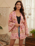 Boho Queens Multi Floral Print Sashes Short Kimono Women Bohemian V Neck Batwing Sleeves Rayon Robe Beach Bikini Cover-up - Matrix Studios