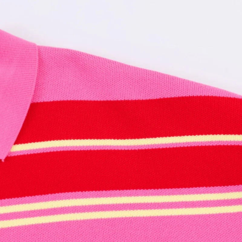 2026 Pink Red Striped Polo Knit Pullover - Women's Turn Down Collar Long Sleeve Loose Top, Spring Autumn Casual Wear for Daily - Matrix-studios.com