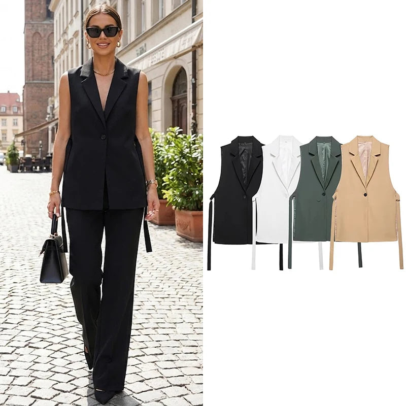 Willshela Women Fashion Solid Lace Up Vest V-Neck Single Button Sleeveless Jackets Female Chic Lady Outfit Tank Tops - Matrix Studios