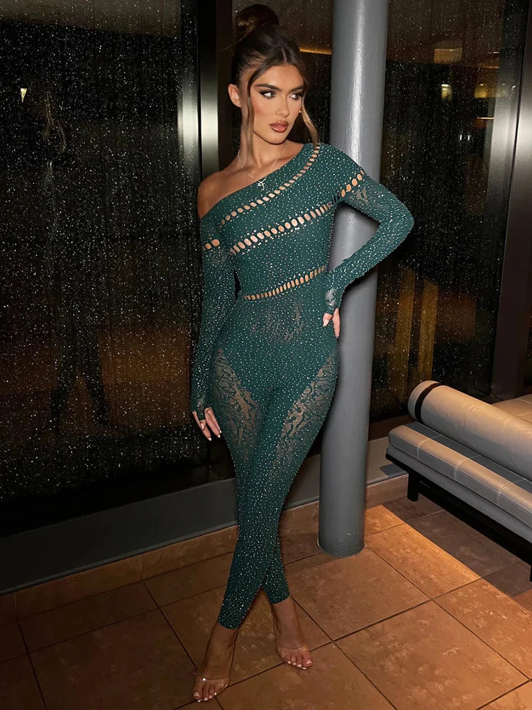 Sibybo Off Shoulder Long Sleeve Jumpsuits Women Fashion Rhinestones High Stretch Hollow Out Sexy Overalls Sparkly Party Rompers - Matrix Studios