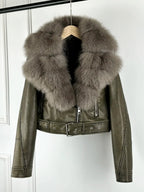 Lagabogy 2024 Big Real Fox Fur Women Vintage Pu Faux Leather Short Jacket With Belt Streetwear Female Zipper Retro Coat Outwear - Matrix Studios