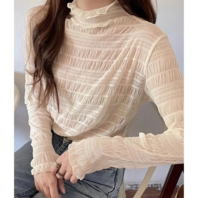 New Women Floral Lace Shirt Spring Autumn Long Sleeve Sexy Mesh Bottoming Shirts Mock Neck Blouse T-Shirt Pullover Top - Matrix-studios.com