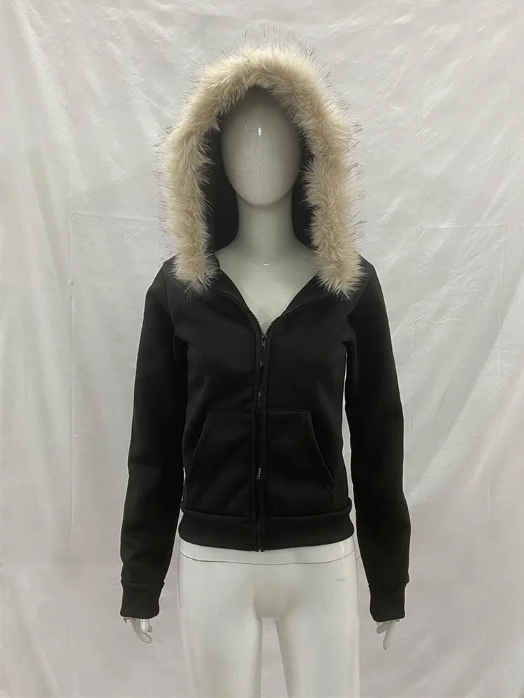 Y2K Harajuku Gothic Women's Hoodie Sexy Slim Chic Suede Fur Collar Letter Print Cardigan Sweatshirt  Female Streetwear - Matrix Studios