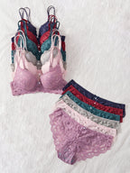 6-Piece Set Women's Bra and Panties Set Sexy Patterned Lace Patchwork No Lining Comfortable Fitting Women's Push-Up Bra Women's Underwear Set - Matrix-studios.com