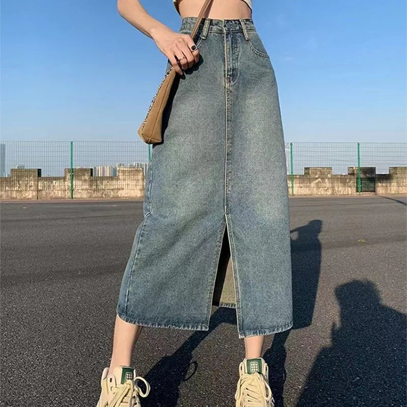 Summer New High-waist Slit Denim Skirt For Women Washed Retro A- line Skirt Hip-covering Straight Long Skirt - Matrix-studios.com