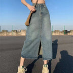 Summer New High-waist Slit Denim Skirt For Women Washed Retro A- line Skirt Hip-covering Straight Long Skirt - Matrix-studios.com