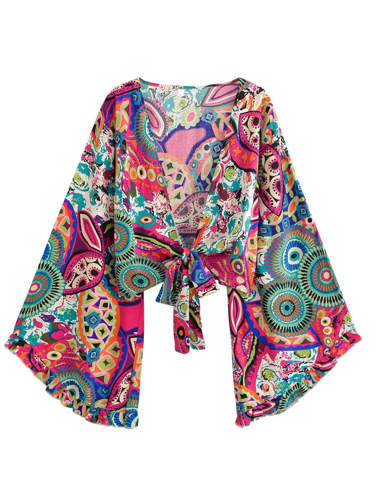 Boho Vintage Floral Print Beach Summer Short Kimono Women 2025 Fashion Ruffles Flare Sleeves Vacation Bohemian Bikini Cover-ups - Matrix Studios