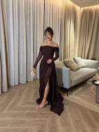 Coffee Big Swing Lace Evening Dress Elegant Off Shoulder Kaftan Prom Gown Abaya Sexy Side Slit Popular Formal Party Wear - Matrix-studios.com