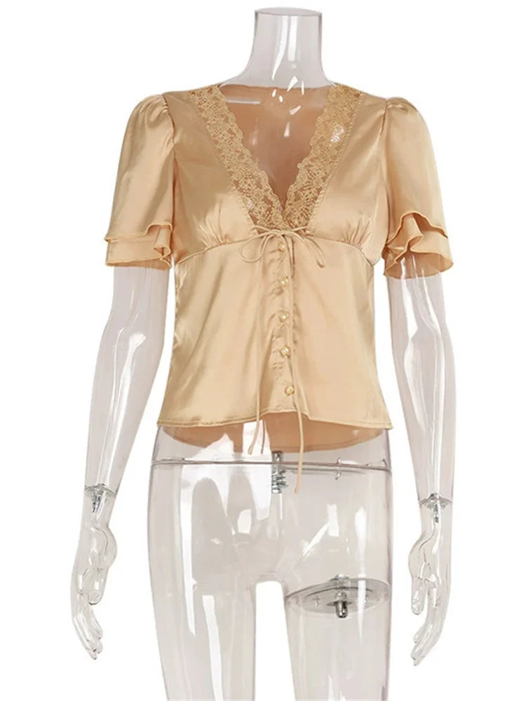 Tossy Lace Summer V-Neck T-shirt Top For Women Lace-Up Hollow Out Short Sleeve Printed Cropped Top Pullover Female Bandage Tee - Matrix-studios.com