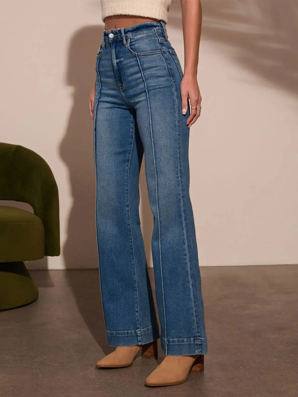 Autumn new women's dark blue high waist straight jeans slim fit wide leg version stretch denim fabric elegant intellectual jeans - Matrix-studios.com