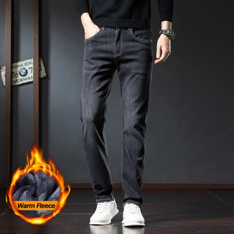 2025 Winter Fleece Jeans Men's Fashion Elastic Slim Straight Warm Trousers Thicken Business Casual Korean Thermal Denim Pants - Matrix Studios