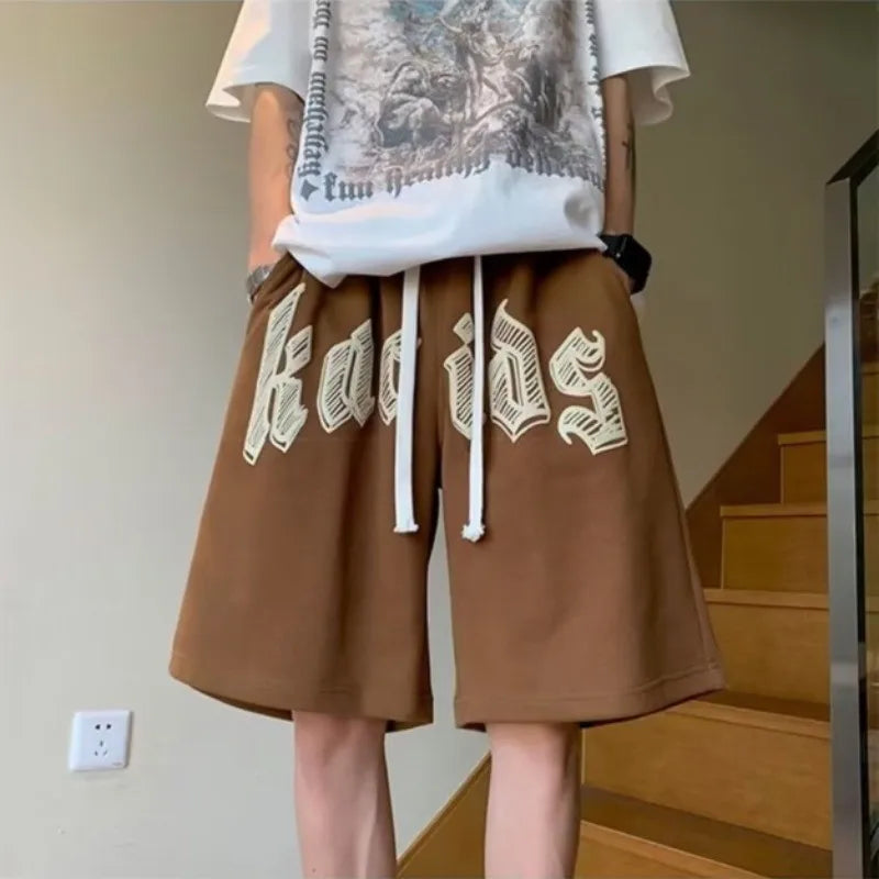 Oversized Shorts Men American Vintage Deformed Letter Print Shorts Fashion Brand High Street Loose Couple Basketball Short Pants