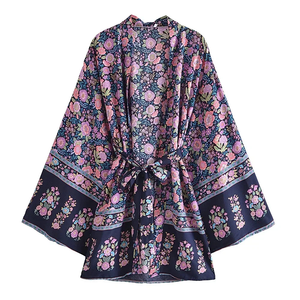 Boho Queens Multi Floral Print Sashes Kimono Women Batwing Sleeve Bohemian Bridesmaid Robe Vacation Beach Boho Bikini Cover-ups - Matrix Studios