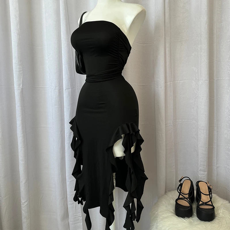 Women Strapless Sexy Floral Fold Hemline High Slit Mini Dress 2024 Solid Backless Sleeveless Black And Pink Party Dress Vestidos - Matrix-studios.com
