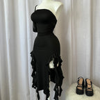 Women Strapless Sexy Floral Fold Hemline High Slit Mini Dress 2024 Solid Backless Sleeveless Black And Pink Party Dress Vestidos - Matrix-studios.com