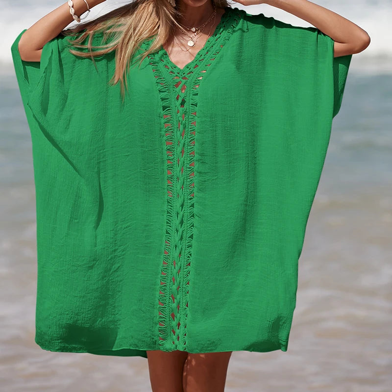 Holiday Crochet Knitted Beach Cover-Ups Dress Splicing Loose Dress Solid Color Beachwear transparent Sunscreen Sexy Beach Smock - Matrix Studios