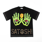 SATOSHI Hip Hop Street Short Sleeve T-Shirt Celestial Eye Double Hands Print Retro Distressed TShirt Trend Casual Summer Top Tee - Matrix-studios.com