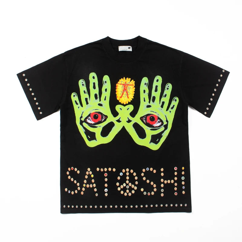 SATOSHI Hip Hop Street Short Sleeve T-Shirt Celestial Eye Double Hands Print Retro Distressed TShirt Trend Casual Summer Top Tee - Matrix-studios.com