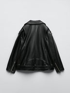 Ailegogo Women Loose Motorcycle Biker Black Pu Faux Leather Jacket with Belt Spring Autumn Female Zipper Coat Outwear - Matrix Studios